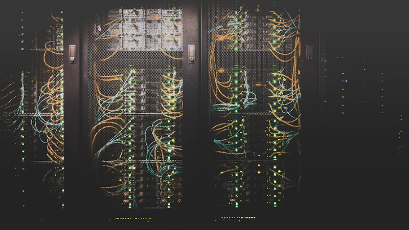 Corredor iluminado de um data center com racks de servidores